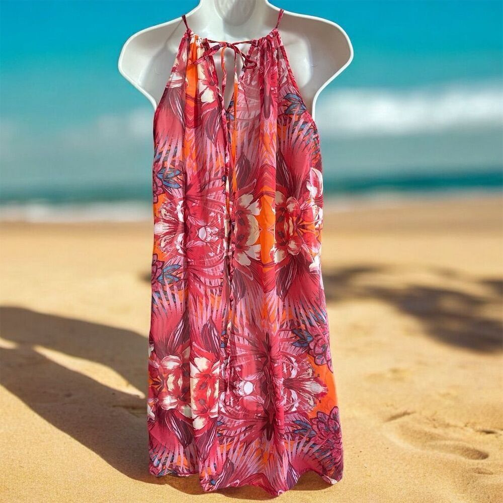 Forever 21 Women's Sheer Tropical Floral String Tie   Back Swim Cover-Up Dress - Picture 3 of 9